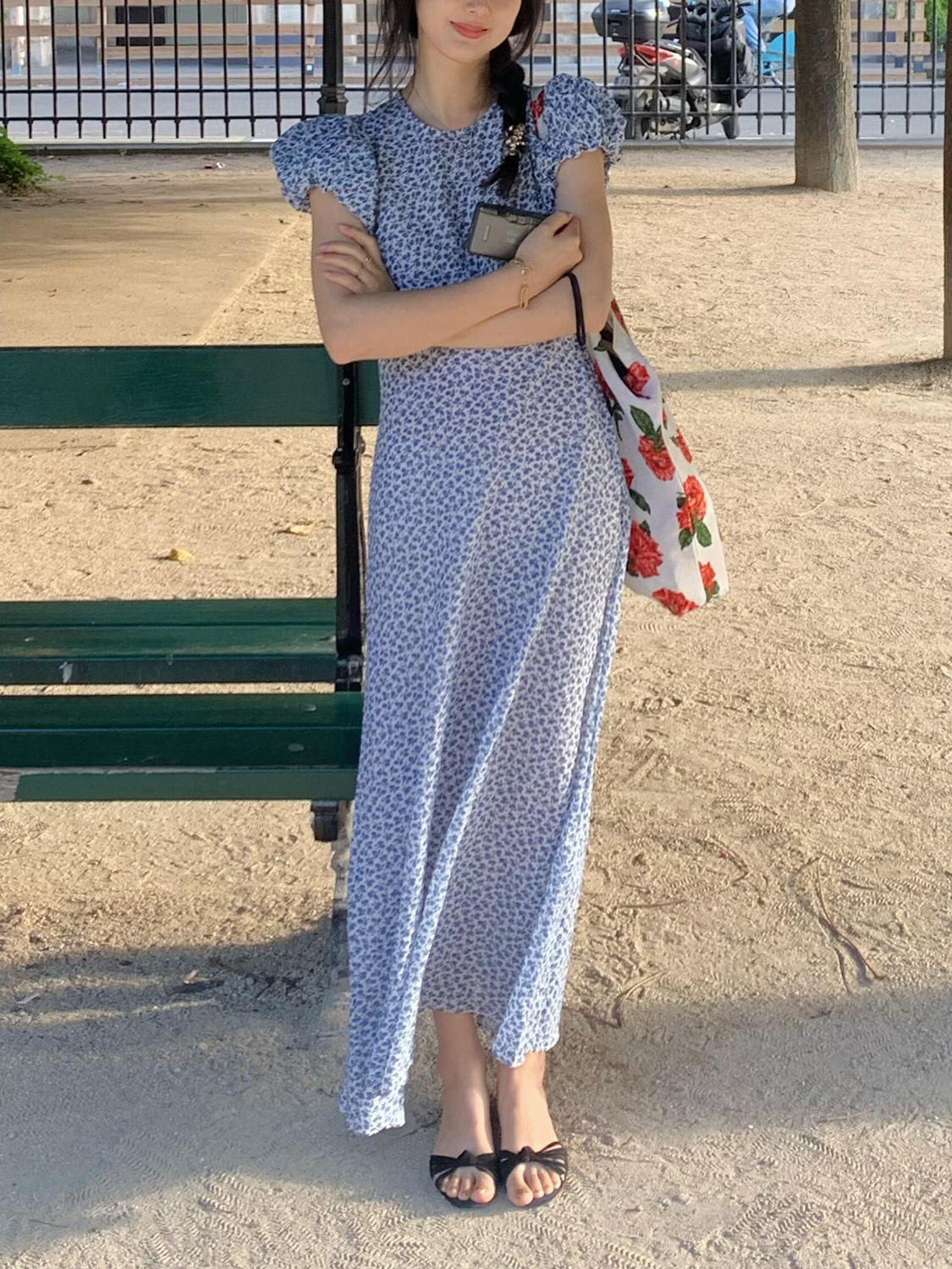 French-Style Niche 26 Summer New Sweet Youthful Floral Puff Sleeve Round Neck High-Waisted Slimming Dress Women's Long Dress
