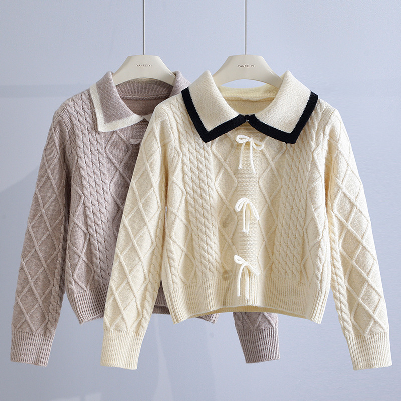 Short lapel twist sweater for women 2023 autumn and winter New Japanese style loose outer wear long sleeve sweater pullover top