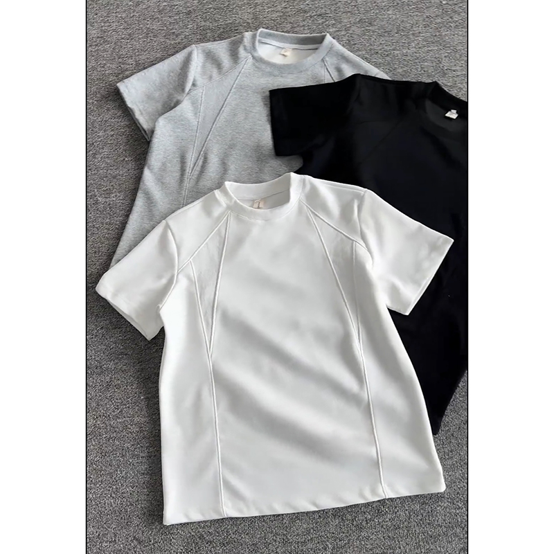 Simple White Small-Neckline Straight-Shoulder Short-Sleeve Men's Summer American-Style Space Cotton Patchwork Half-Sleeve Boxy Heavyweight Stiff T-Shirt