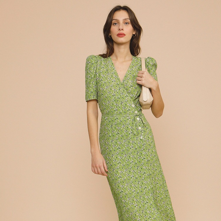 Pastoral Floral V-Neck Wrap Tie Vacation Long Dress Tea Break Dress French Style Dress