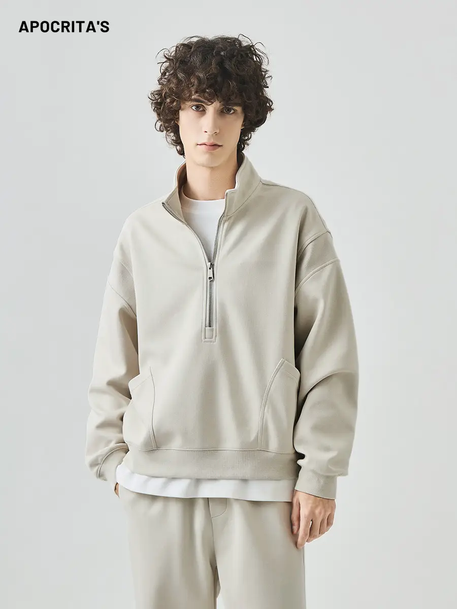 Apo Men's Clothing | Cross-Border Sweatshirt Men's Autumn Trendy Brand Splicing Loose Sports Casual Half-Zip Stand Collar Long-Sleeved Top