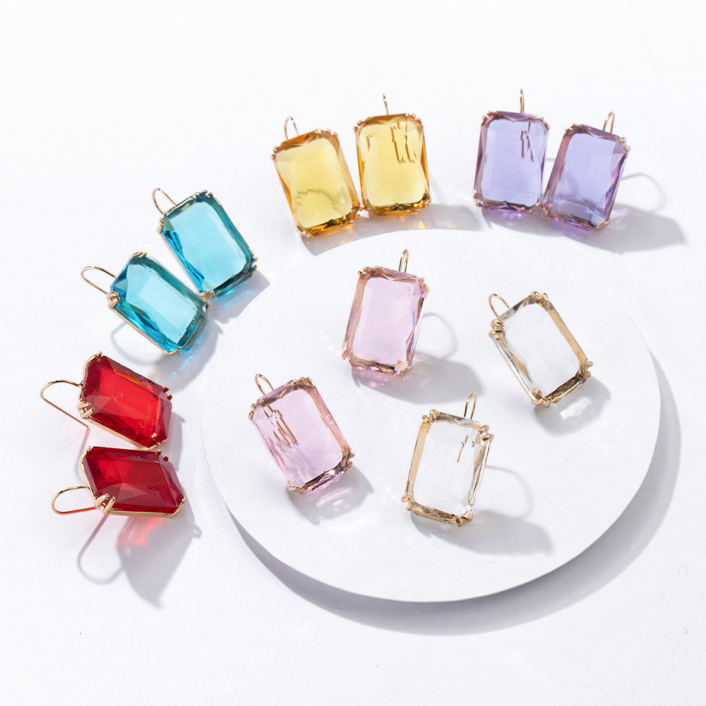 European and American Cross-Border Colorful Transparent Square Zircon Earrings Square Zirconium Ear Hook Earrings Dopamine Ear Hooks Exaggerated Large Earrings