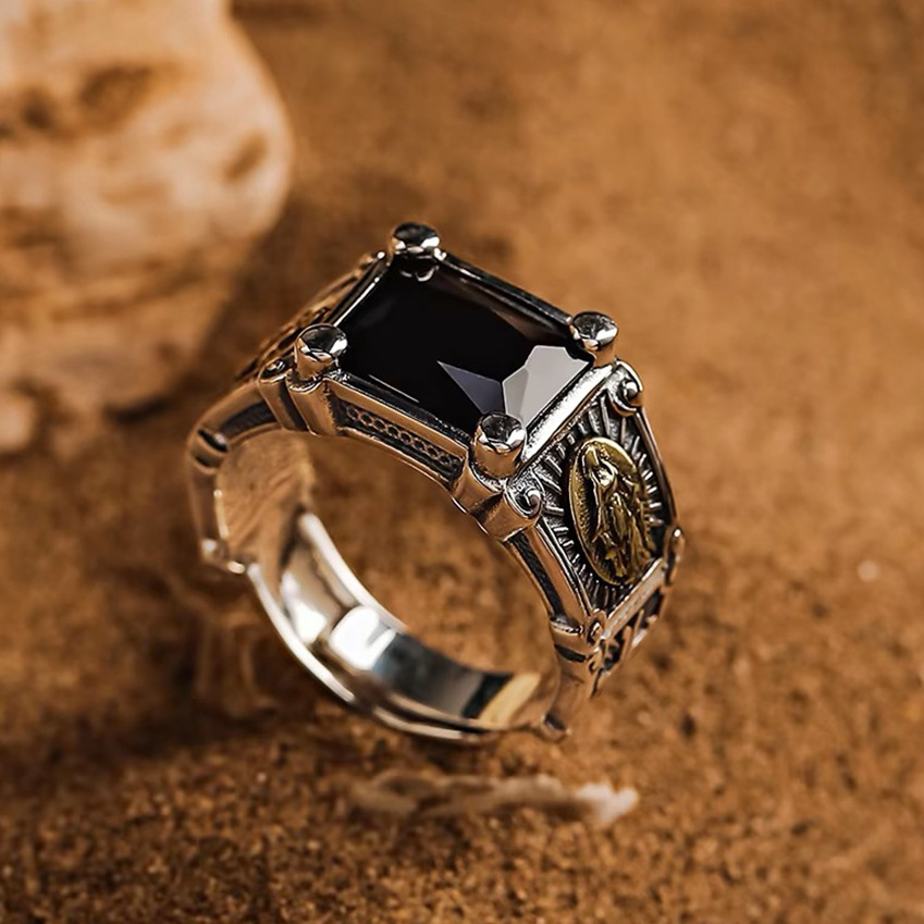 Cross-border Retro Distressed Notre Dame Ring Men's Inlaid Blackstone Live Men's Personality Hip-hop Trendy Punk Ring Men