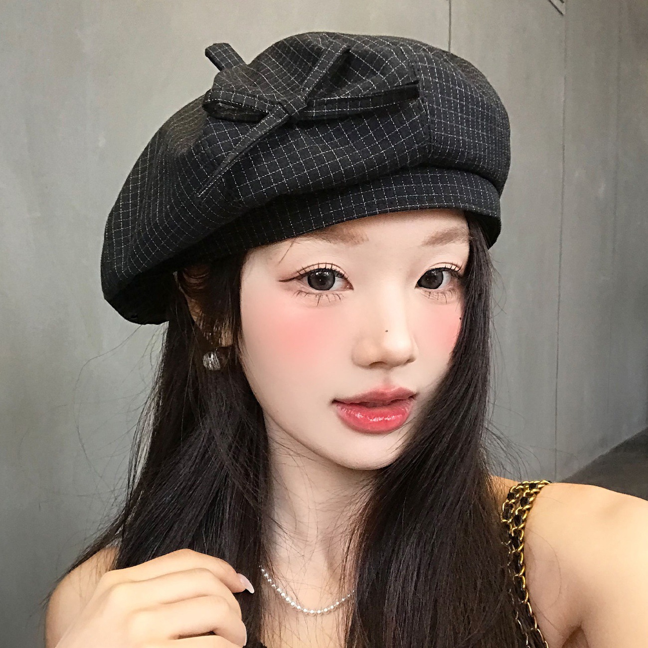 Sweet Bowknot Black Plaid Beret for Women, Spring and Summer Thin Style, Fashionable Large Head Circumference, New Artist Newsboy Hat