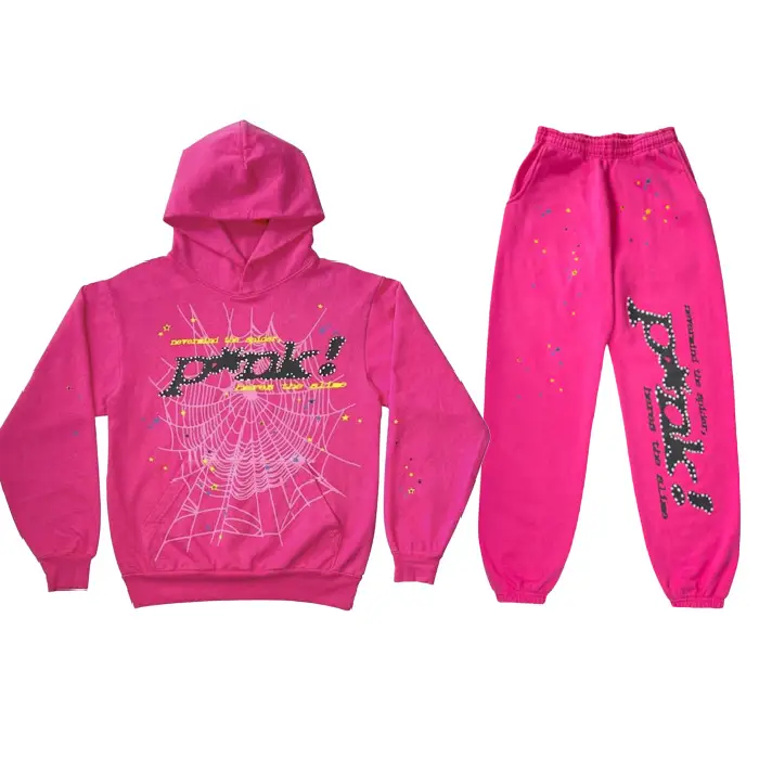 Sp5der Worldwide Pink Tracksuit Trendy Street Loose Hoodie Set, Hip Hop