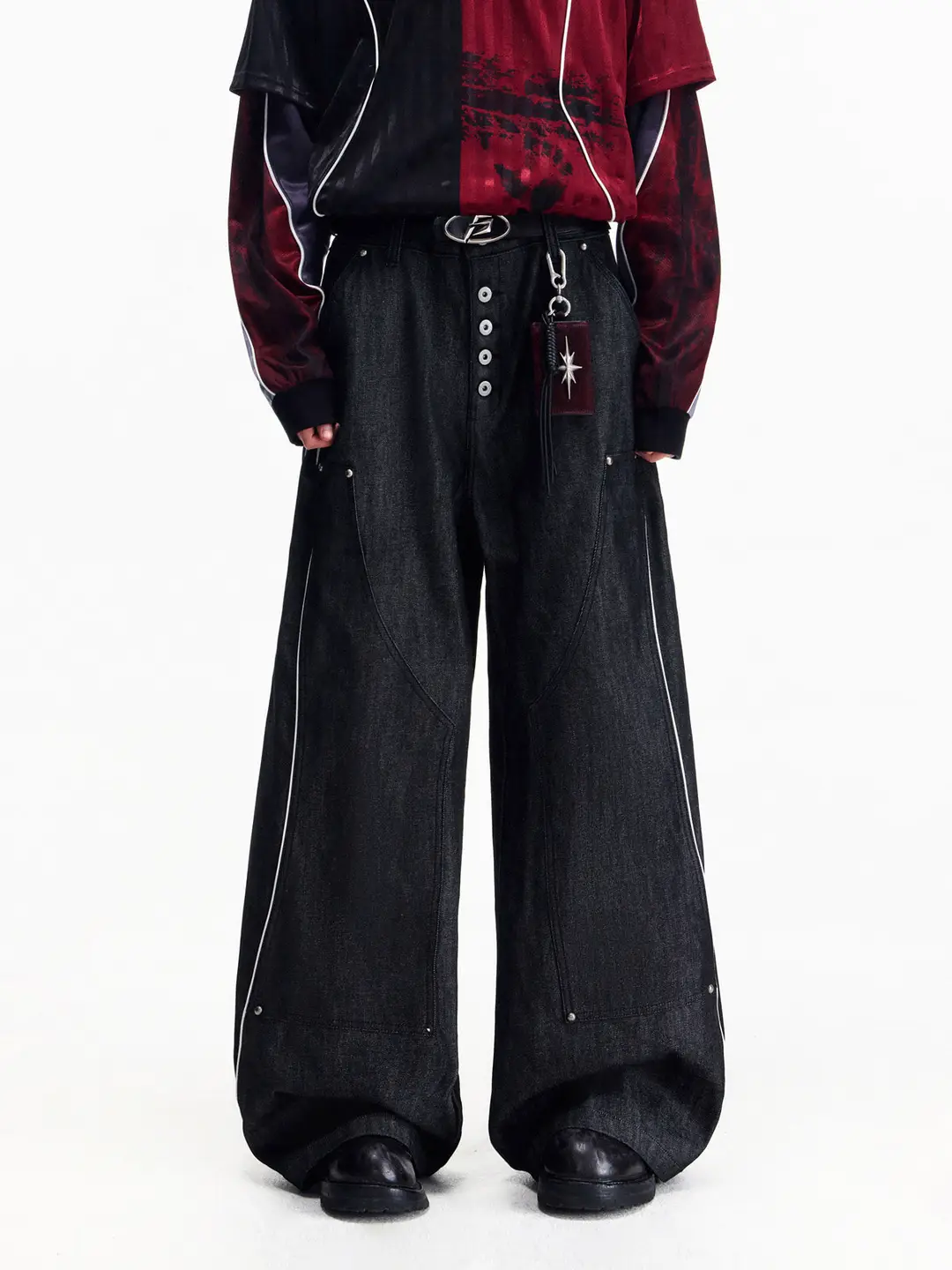 Peoplesense Original Red-Edged Fabric Color-Blocked High-Waisted Wide-Leg Jeans Loose Drape Straight-Leg Pants