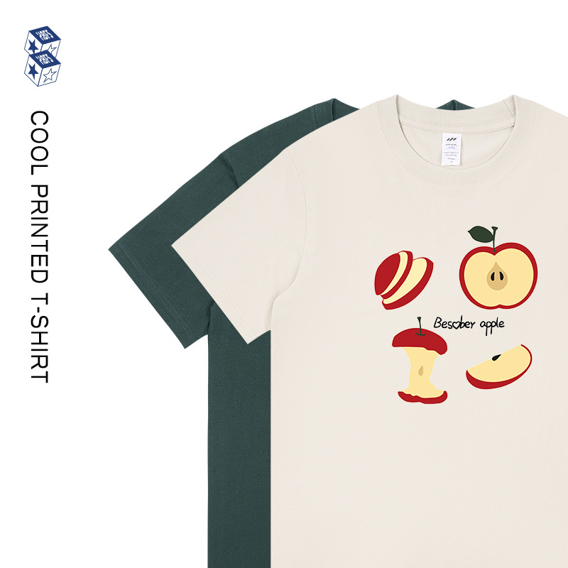Summer Commuter Niche Apple Printed T-Shirt Men's Round Neck Top Casual Versatile Short-Sleeved Women's Design Tee Wholesale