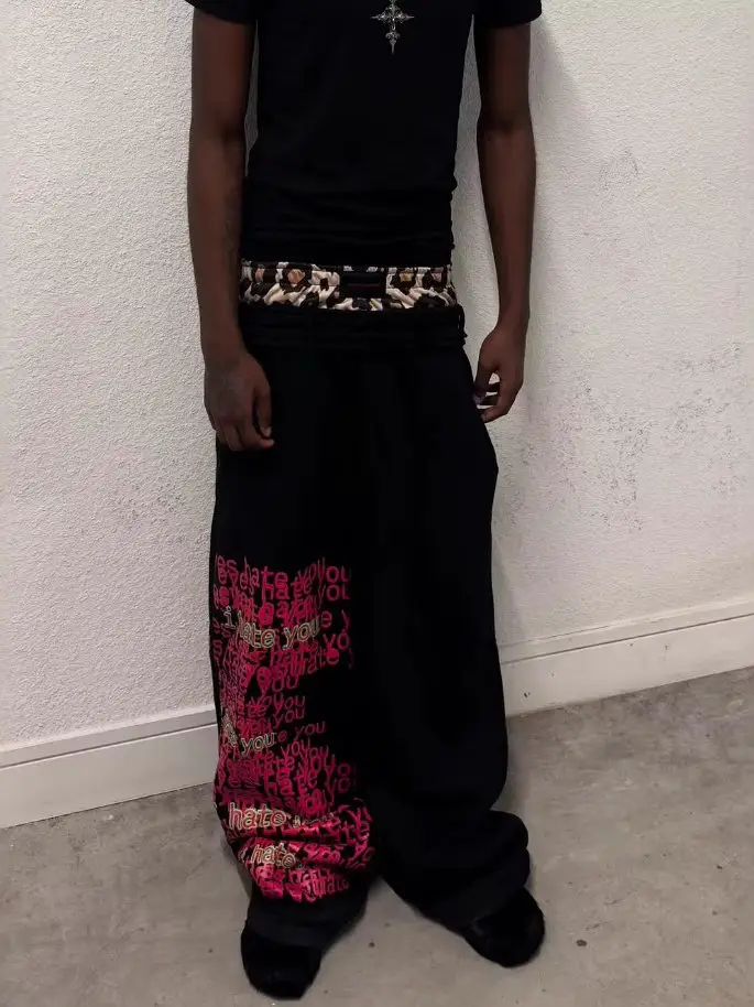 Europe and the United States cross-border high street splicing design letters printed double waist head sweat pants men's new niche hip-hop loose pants