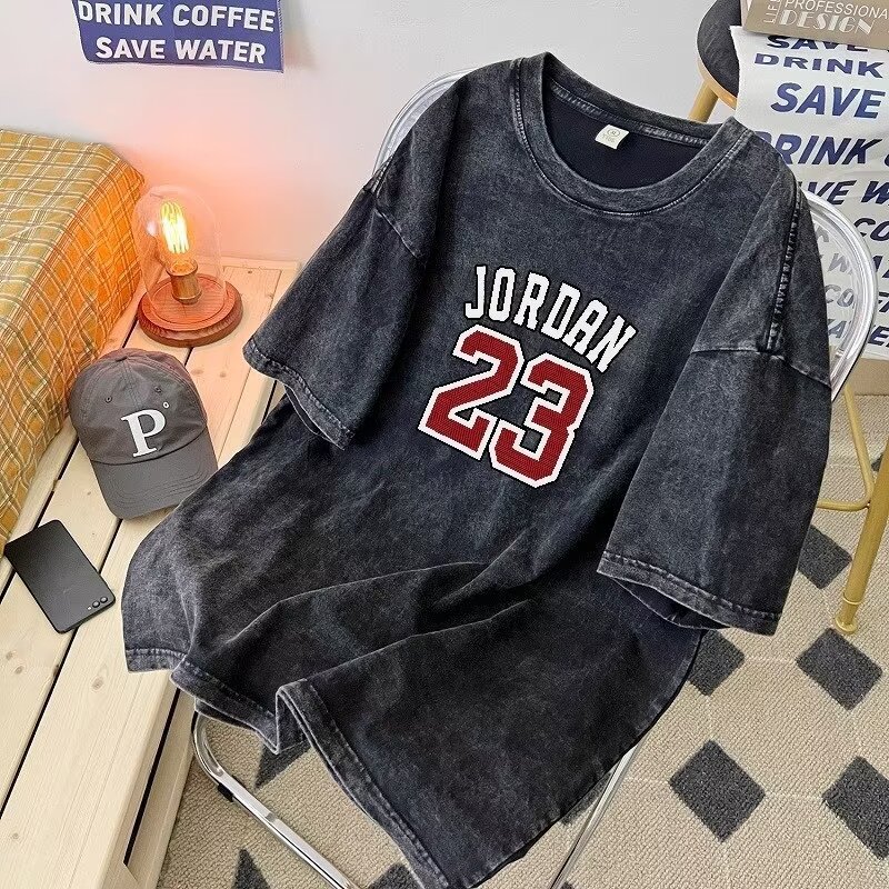 Summer Short-Sleeved T-Shirt for Men 2024 New Trendy Washed and Distressed 220g Heavy Half-Sleeved Boys' Trendy Brand Clothes