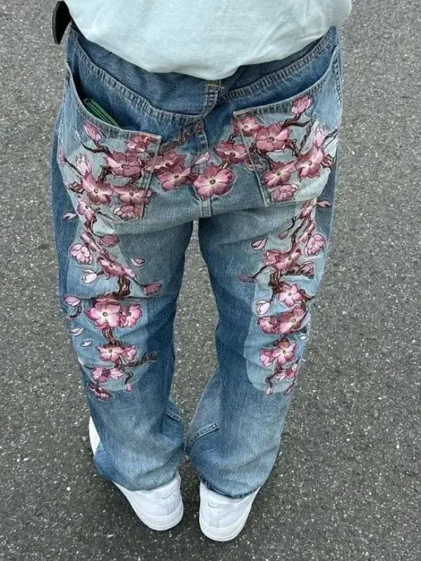Y2K Harajuku Hip Hop Wide Leg Jeans with Cherry Blossom Print