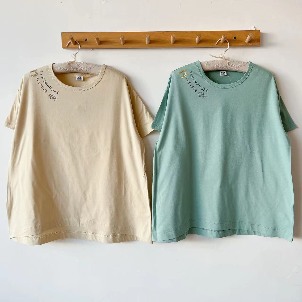 Japanese Kusuguru Embroidered Cat Women's Cotton T Crewneck Short-sleeved Shirt Cotton Casual 943 All-match Cotton Shirt