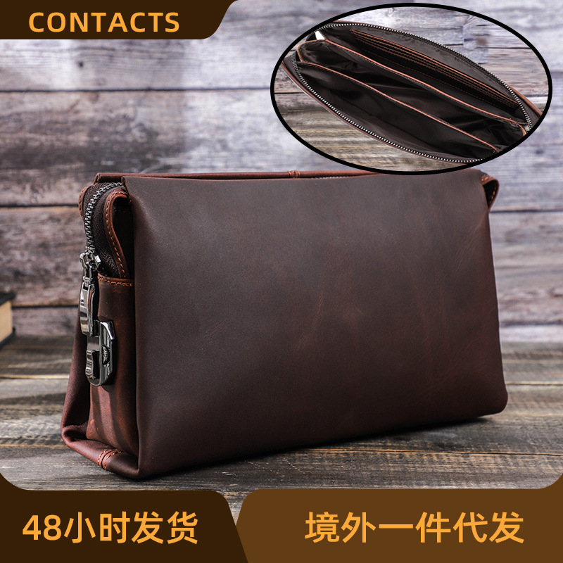Black Angel Factory Supply Casual Leather Men's Clutch Bag Crazy Horse Cowhide Men's Storage Bag Spot