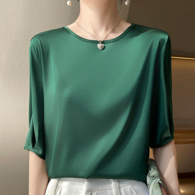 Heavy Weight Silk Short-Sleeved T-Shirt for Women Summer Round Neck Loose Three-Quarter Sleeve Acetate Bottoming Shirt High-End Thin Top