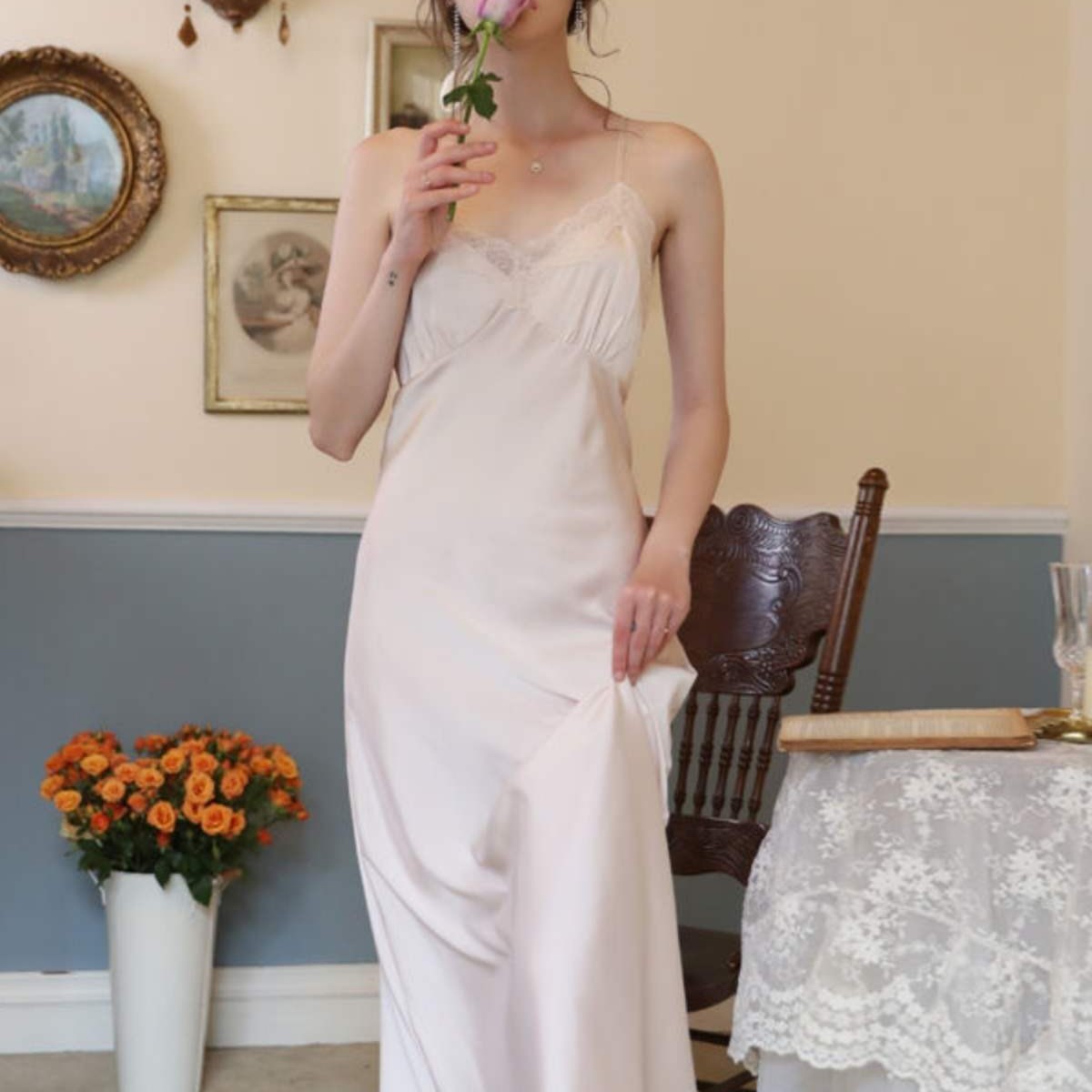 Summer Sexy Collar French Palace Pajamas Women's Satin Ice Silk Two-Piece Suspender Nightgown Nightgown Long Dressing Gown