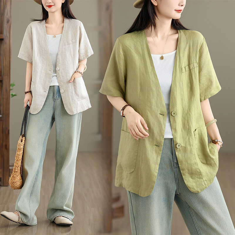 Vintage Cotton and Linen Short-Sleeve Blazer V-Neck Jacket for Women 2026 Summer New Single-Breasted Cardigan Outerwear Trendy Top