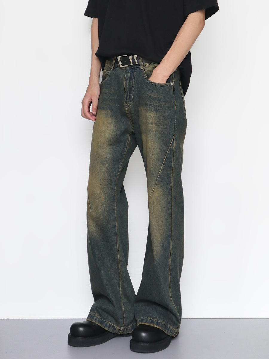 Autumn and Winter New American Retro Distressed Jeans Men's High Street Loose Slimming Versatile Straight-Leg Slightly Flared Trousers Trendy