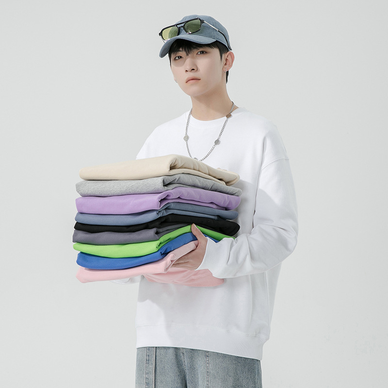 Factory Wholesale Off-Shoulder Sweatshirt for Men 2025 Spring & Fall New Round Neck Pullover Printed Logo Heavy Pure Color Couple Style