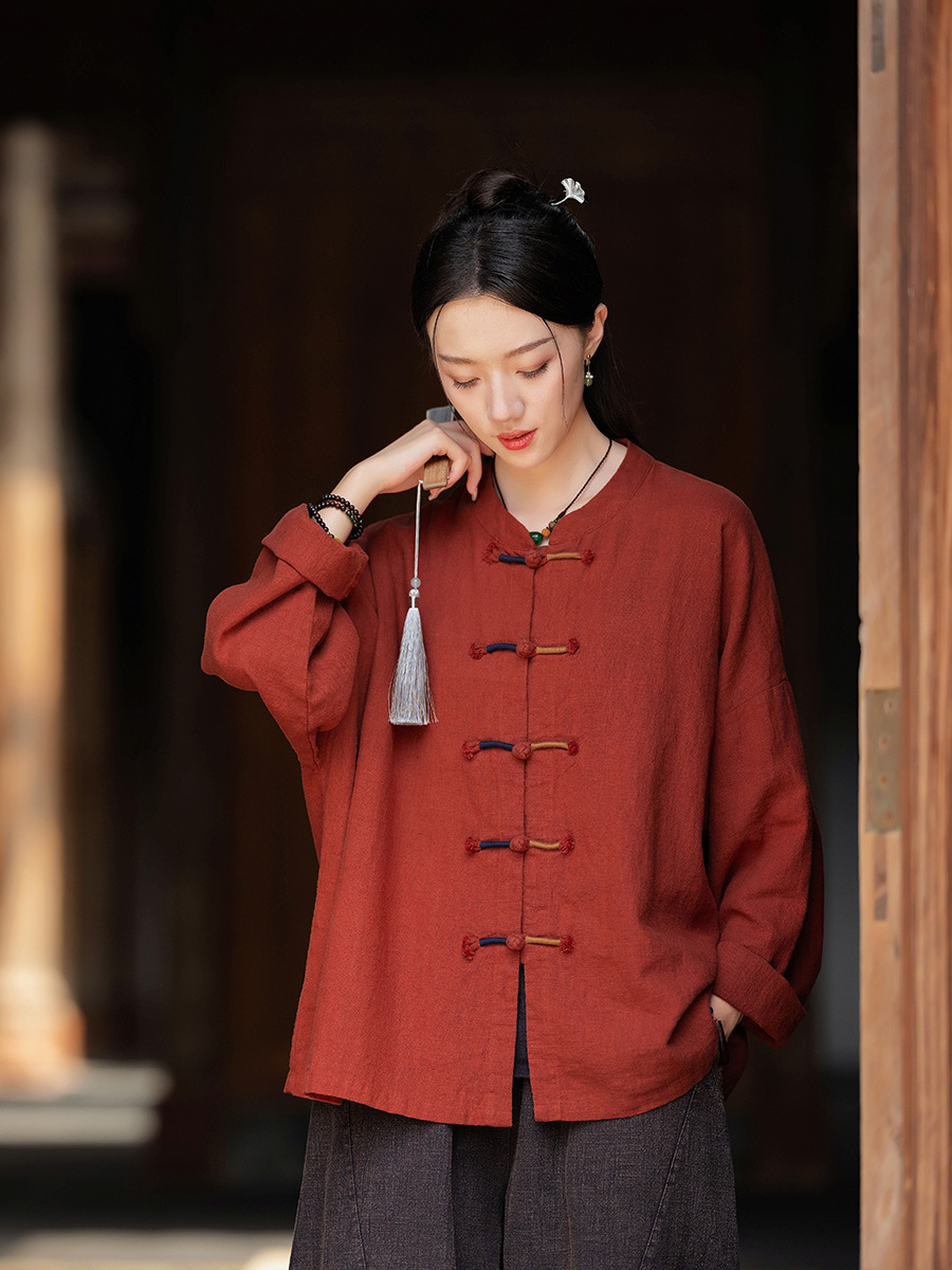 26 Spring Collection Original Cotton and Linen Women's Clothing Retro National Style Buttoned Color-Block Threaded Cardigan Zen-Inspired Ramie Jacket