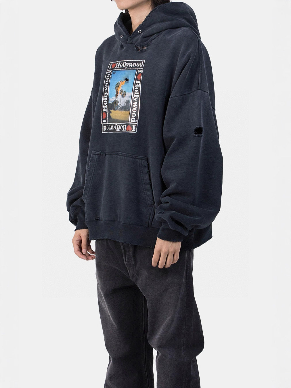 Palyhollywood Themed Black Hooded Sweatshirt for Men and Women, Trendy Brand Autumn and Winter Washed and Distressed Loose Printed Trendy