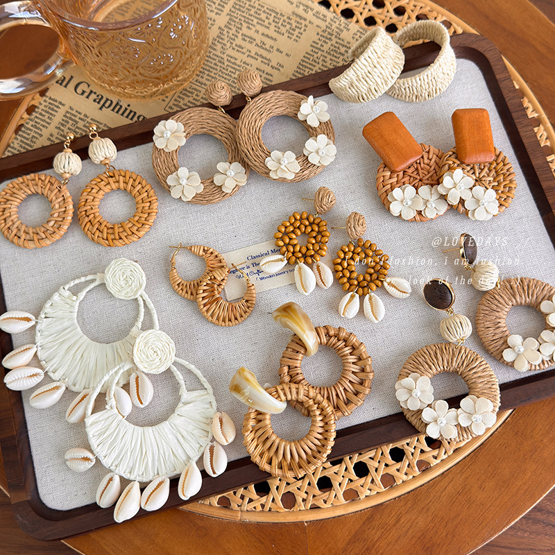 Resort-Style Handmade Straw Earrings, Seaside Beach Vibe Rattan Earrings, Niche Bohemian Style Ear Accessories