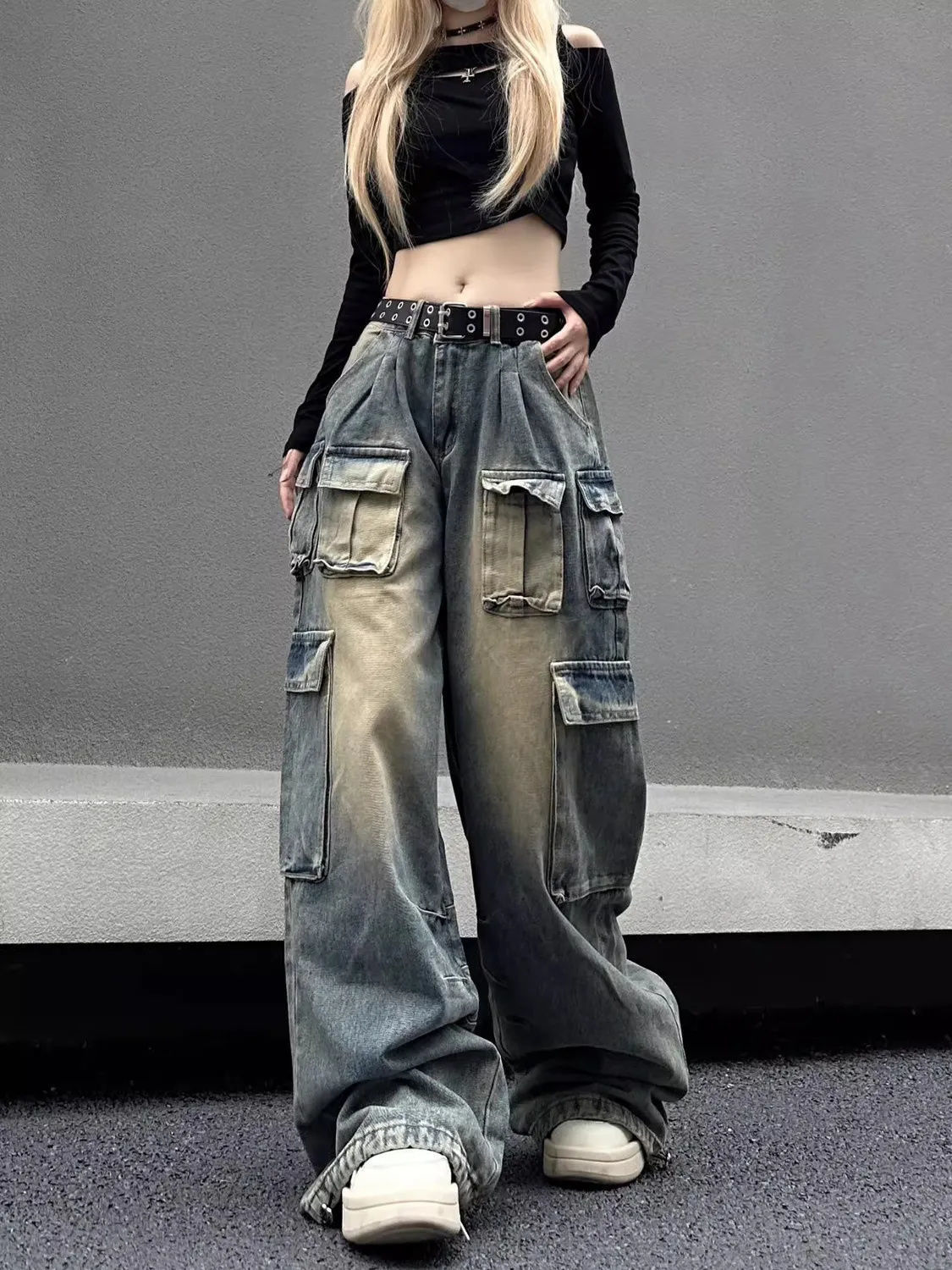 American Vibe Pocket Design Workwear Jeans for Women 2026 Spring and Autumn High Street Straight Loose Wide-Leg Drape Pants