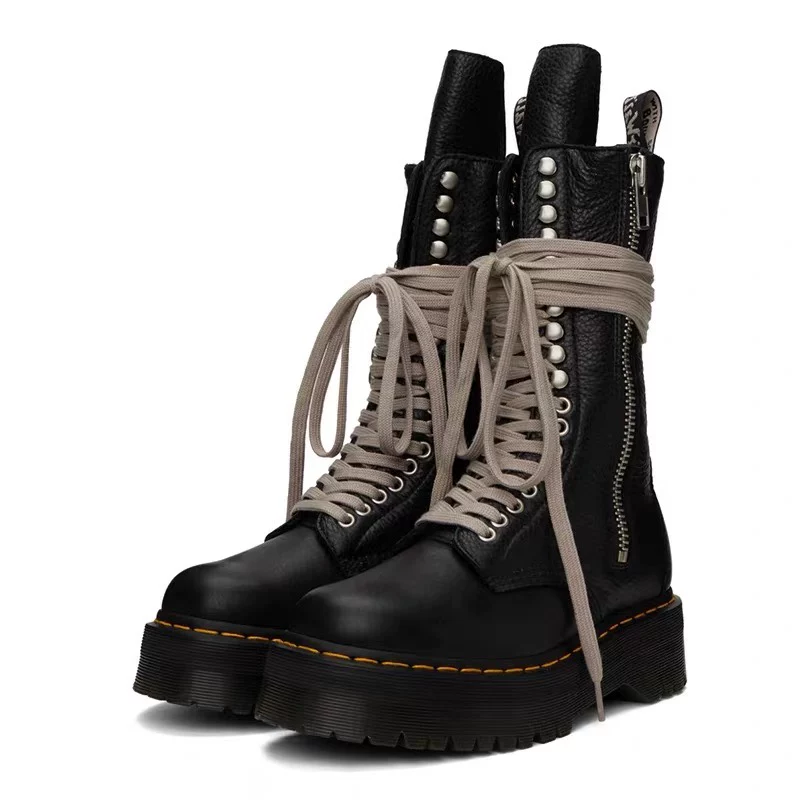 Hong Kong Trendy Brand Martin Boots Men's Genuine Leather Mid-Calf Motorcycle Boots Dark Style Trendy Shoes Men's Lace-Up Riding Boots Men's Autumn and Winter