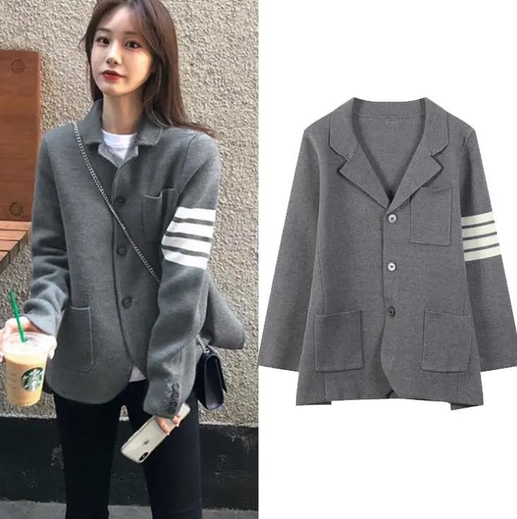 Autumn New TB Cardigan Women's Slim-fit Dress Collar Merino Wool Four-bar Sweater Jacket Trendy