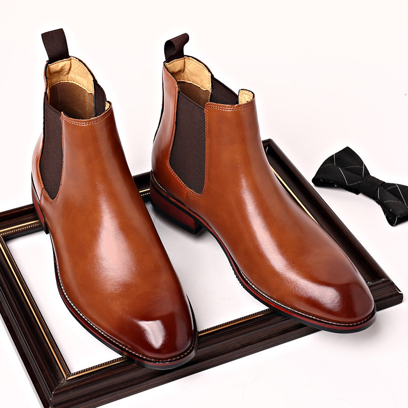 Chelsea boots men's autumn breathable pointed ankle boots British style high-top leather shoes mid-Top Martin boots trendy leather boots