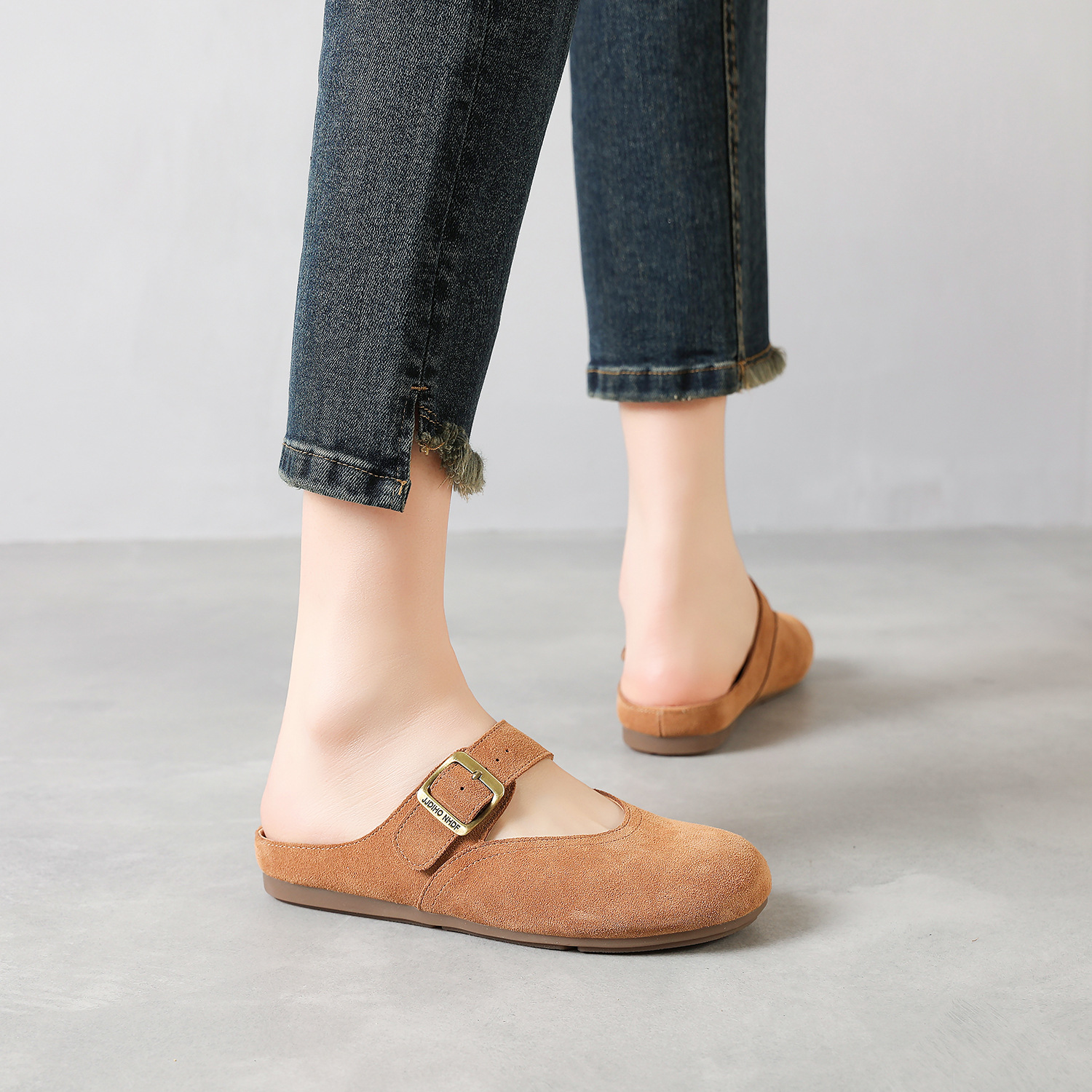 Vintage Genuine Leather Bocken Half Slippers Women's 2025 Xia New Outer Wear All-match Slip-on Soft Bottom Mary Jane Baotou Slippers