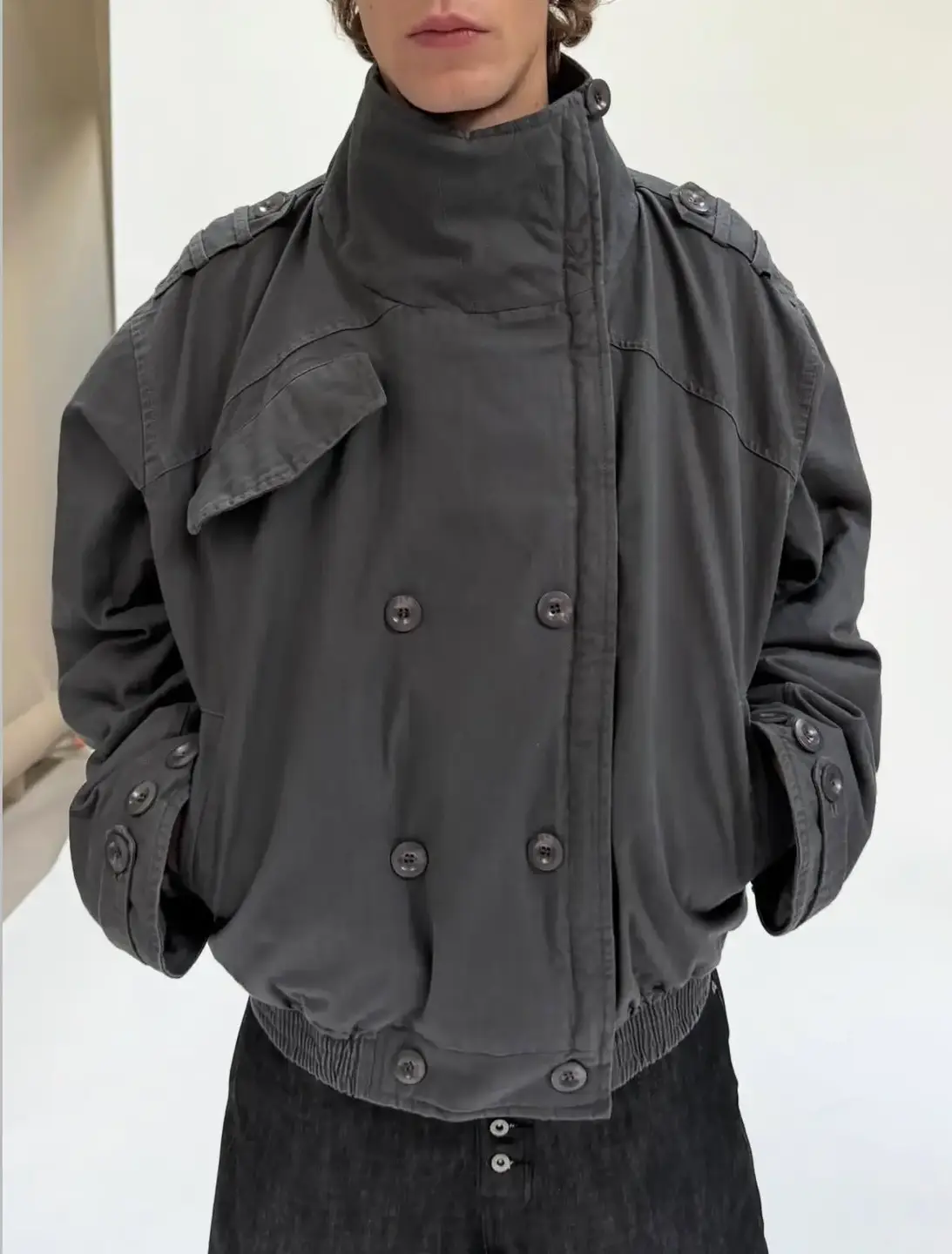 Bmc Nofaith Combat Padded Double-Breasted Work Jacket Cotton-Padded High-Neck Zip Asymmetrical Parka Coat