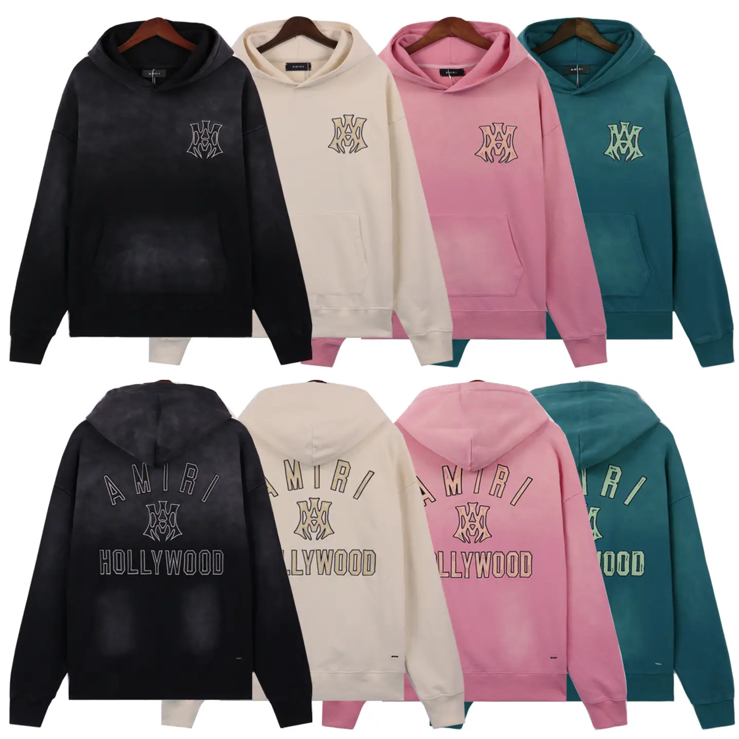 Cross-Border Trendy Brand Amri Micro-Label Letter Towel Embroidered Washed Distressed Hooded Sweatshirt for Men and Women High Street Jacket