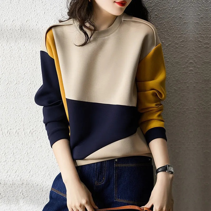 Korean style color matching T-shirt women's autumn and winter wear 2023 new long sleeve round neck sweater casual all-match age-reducing top for women