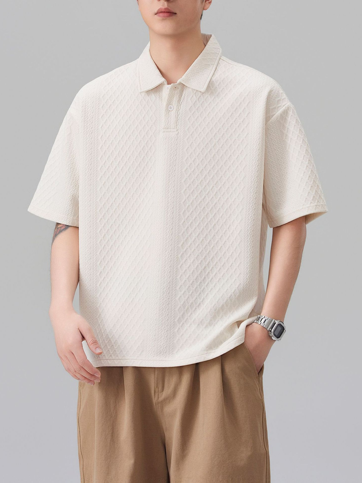 American Fashion Trend Jacquard Short-Sleeved Polo Shirt for Men, New Summer Style, Solid Color, Versatile, Loose, Casual, Collared Top
