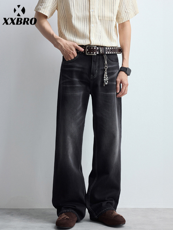 Muxi Clothing # Ripple Black Jeans for Men, Spring and Summer Vintage Style, Trendy Straight-Leg Flared Vibe Pants.