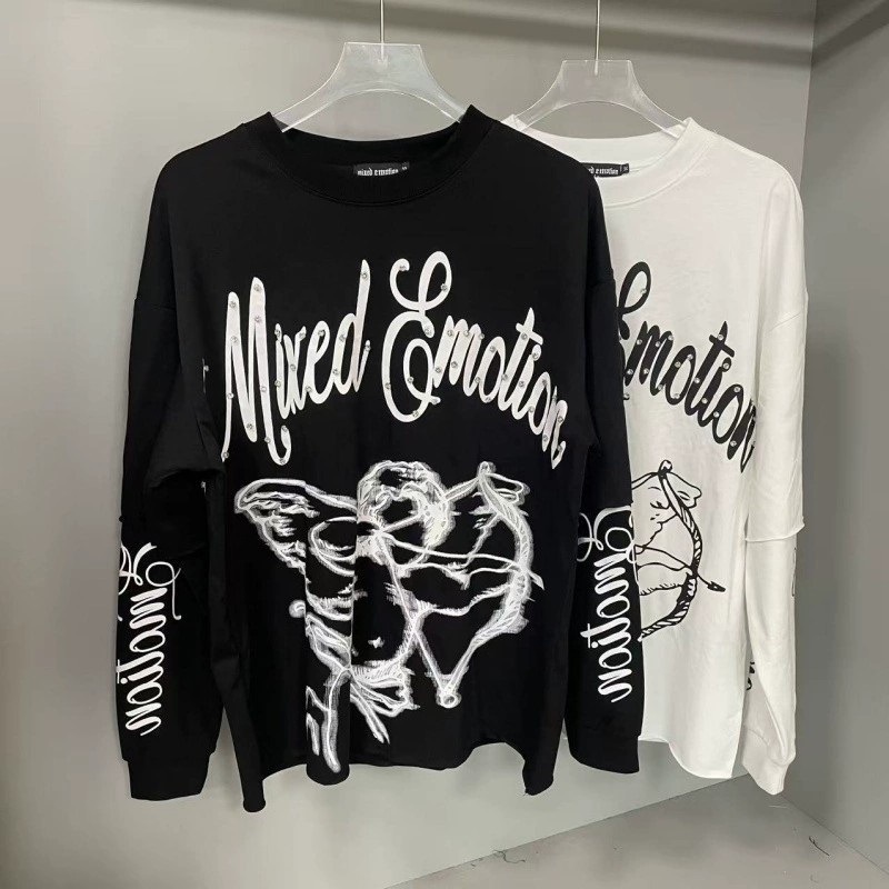 Mixed Emotion Archery Angel Print Hot Diamond Letters Fake Two-Piece Men's and Women's Loose Casual Long Sleeve T-Shirt Trendy foto QC de 1688 en Qualit.ly