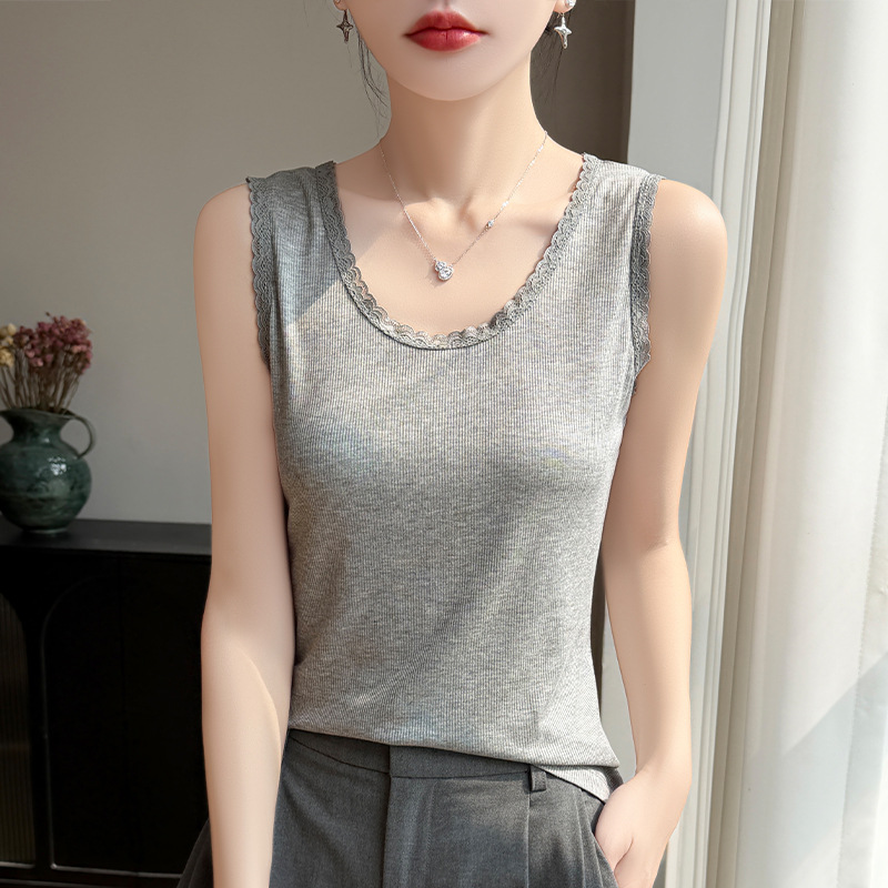 Modal Summer Knitted Ribbed Camisole for Women with Lace Trim, Slim Fit, Sleeveless Undershirt for Outerwear or Layering