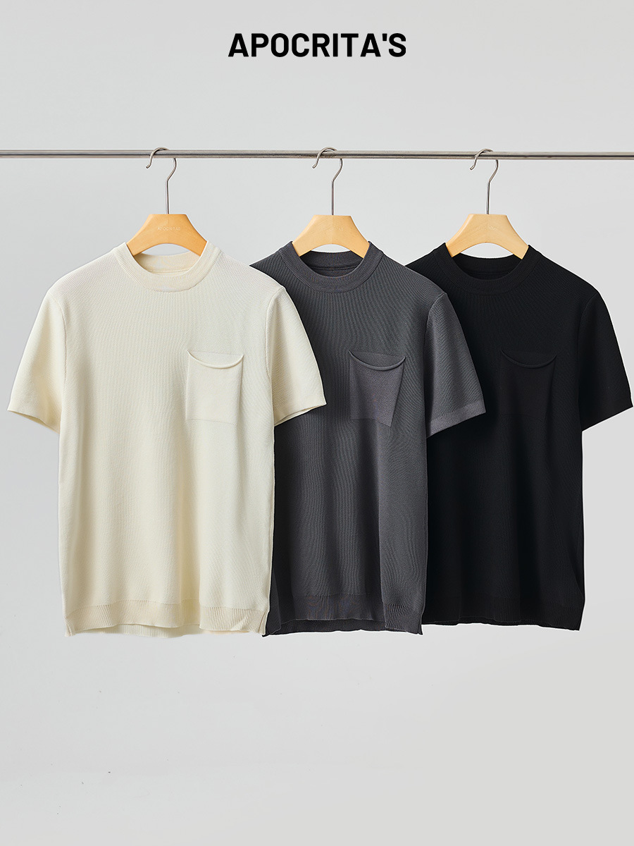 Apo Men's Clothing | Cross-Border Men's Knitted Short-Sleeved T-Shirt, Summer Versatile Simple Casual Slim-Fit Round-Neck Inner Top