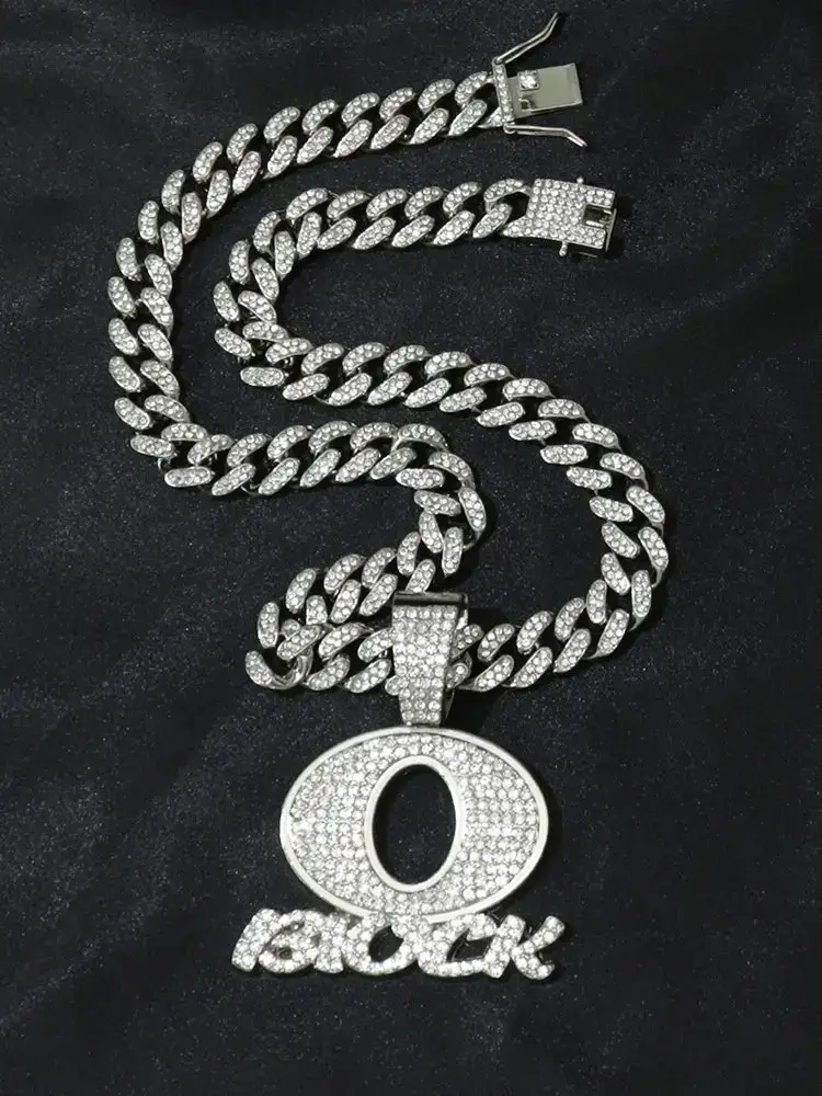 Fashion hip hop Oblock letter Pendant Necklace Alloy Diamond English Trendy Punk Men and Women Rap Ins Coo