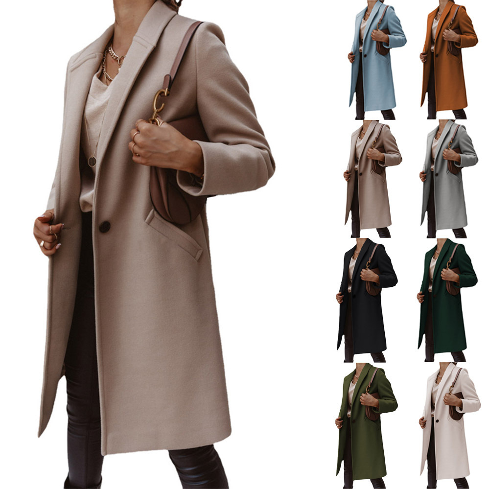 Ebay Amazon 2026 Women's New Fashion European and American Style Autumn and Winter Solid Color Lapel Mid-Length Button Woolen Coat Jacket
