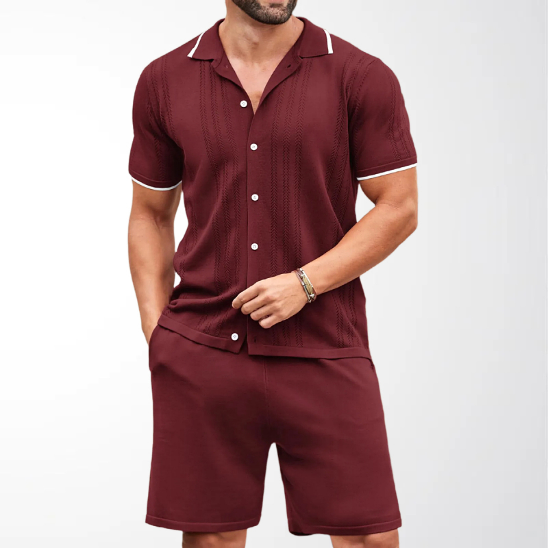 Men's Casual Suit Summer New Solid Color Square Collar Short-Sleeved Knitted Cardigan Shorts Two-Piece Set Men's Clothing Sy0197