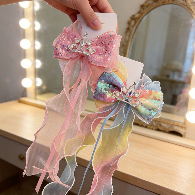 Cross-border Children's Hair Accessories Ice Aisha Hairpin Mesh Large Bow Hairpin Top Clip Crown Ribbon Princess Headwear