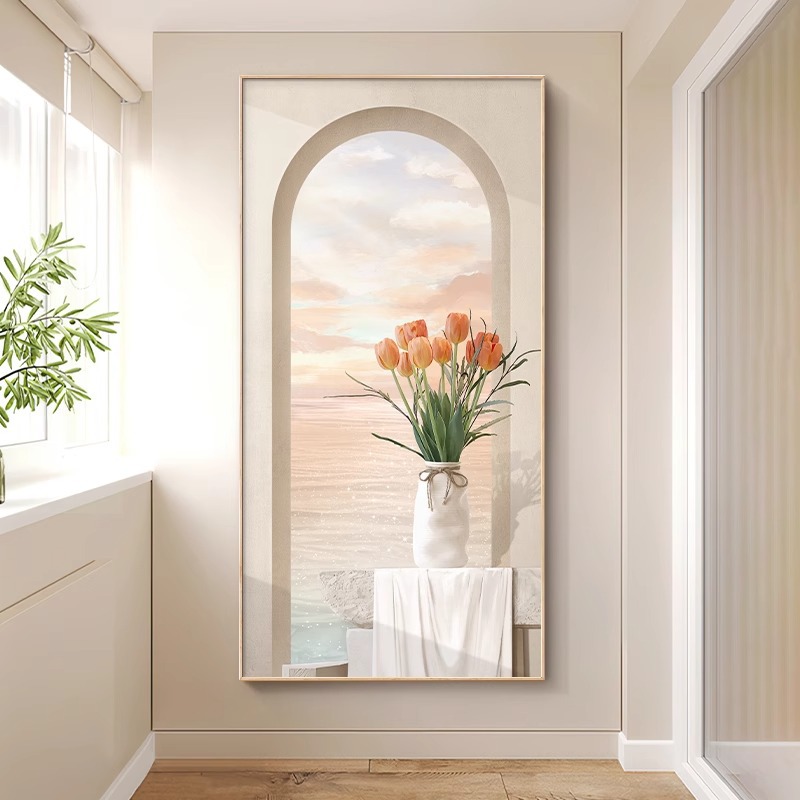 Cream Style Entrance Decorative Painting, Sea View, Sunrise, Green Plants and Flowers Mural, Nordic Vertical Version, High-End Corridor Aisle Hanging Painting