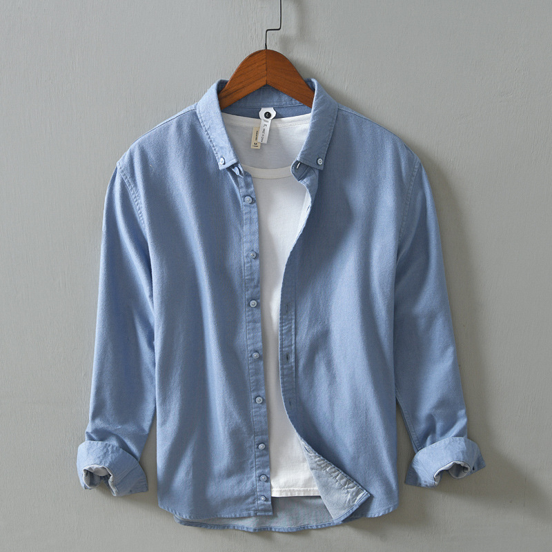 L844 New Hong Kong Style Literary Long Sleeve Solid Color Shirt Men's Japanese Style Casual Oxford Spinning Shirt Men's One-Piece Hair