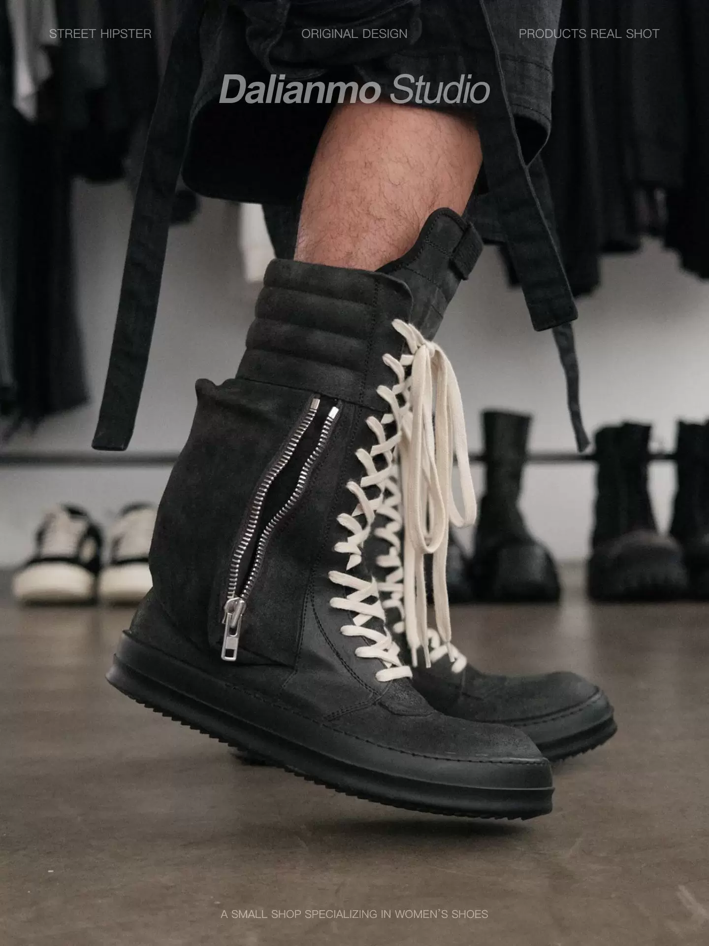 Black Suede High-Top Sneakers Unisex Lace-Up Ankle Boots Pocket Ro Casual Shoes Dark Flat Sneakers Trendy