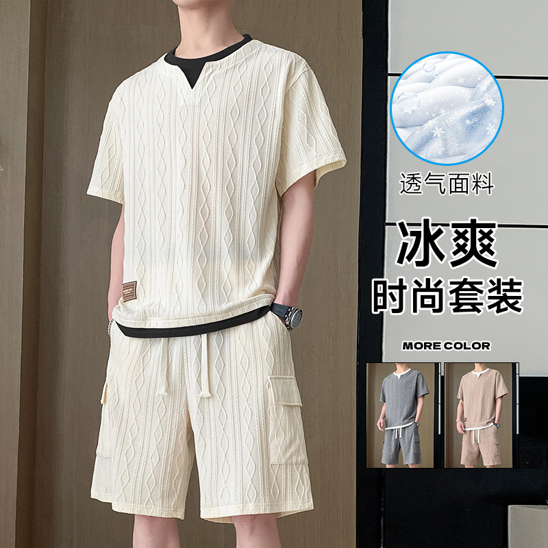 New Summer Men's Trendy Loose-Fitting Clothing, Trendy Brand Student Short-Sleeved T-Shirt Tops, Five-Quarter Sleeves, Plus Size Short-Sleeved Two-Piece Set
