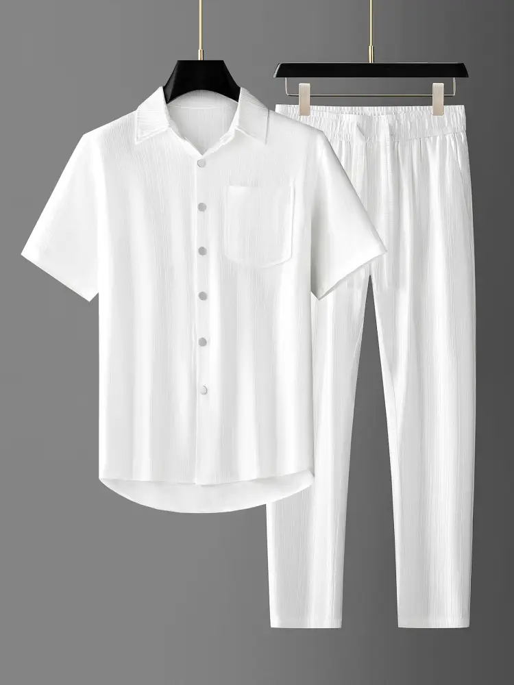Summer Silk-like Smooth Ice Silk Texture Acetate Two-piece Set Men Loose Cardigan Short Sleeve Casual Sports Suit