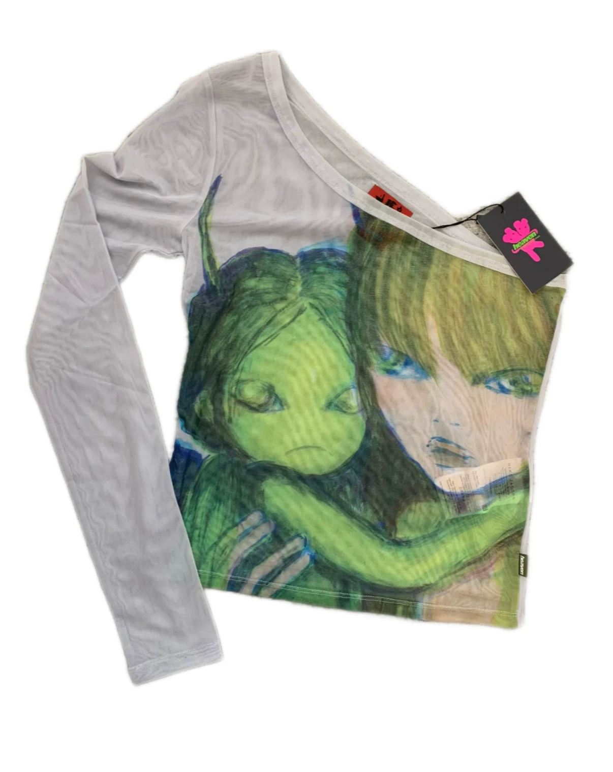 (Good Night) in Stock Heaven-Style Beautiful Girl Print Mesh One-Shoulder Sleeve Top, Slightly See-Through