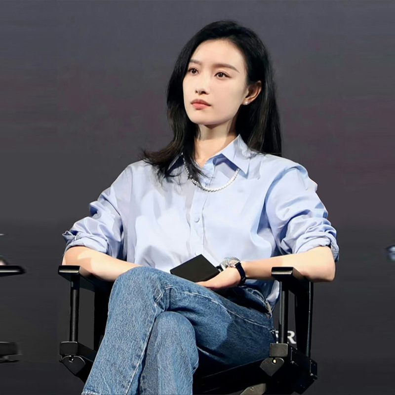 Pure Cotton Star Blue Shirt Women's 2024 Spring New Simple Commuter Shirt Loose Top Autumn Shirt