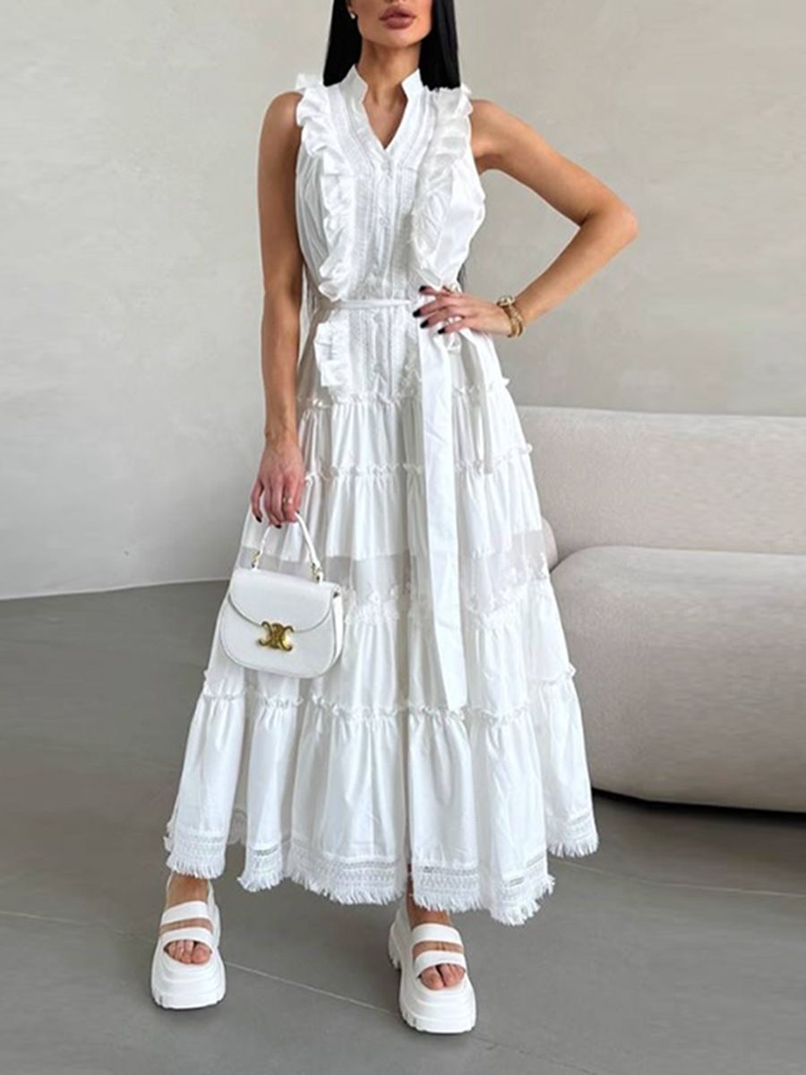 Textured Lace Structure Stand-Up Collar Sleeveless Long Dress 2026 Summer New Style Tie-Waist Solid Color Flared Dress for Women