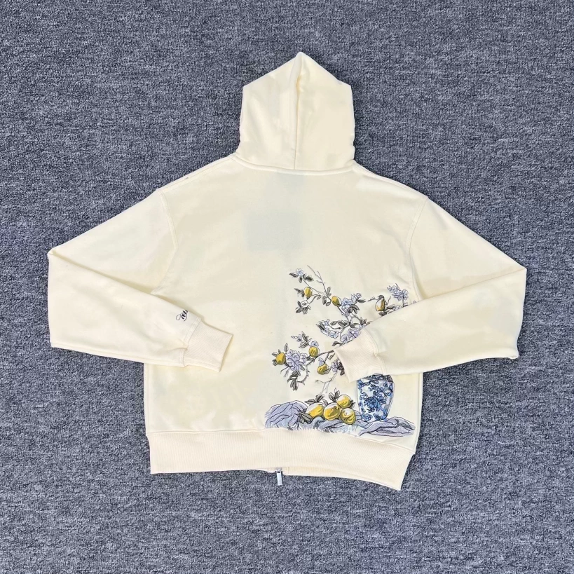 Derschutze 25ss new floral embroidery printed fleece zipper jacket hooded sweatshirt versatile hoodie